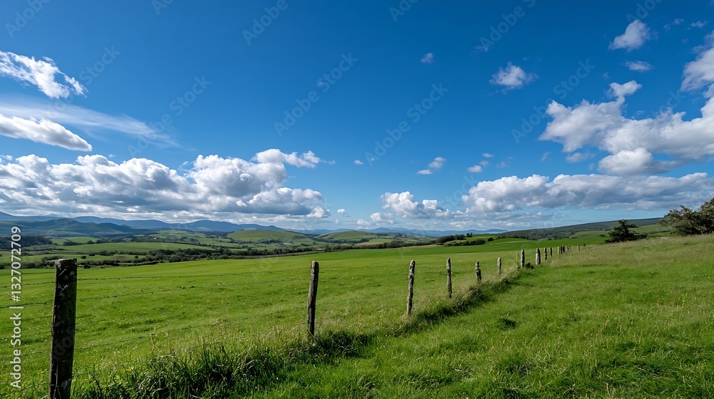 Beautiful Green Landscape with Rolling Hills and Blue Sky Under White Clouds : Generative AI Beautiful Green Landscape with Rolling Hills and Blue Sky Under White Clouds : Generative AI