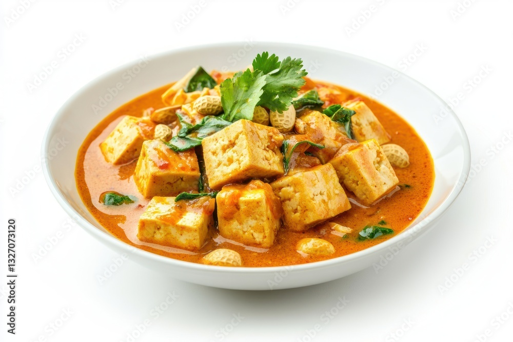 Cubed tofu bathed in vibrant orange peanut sauce with spinach and peanuts a culinary delight served