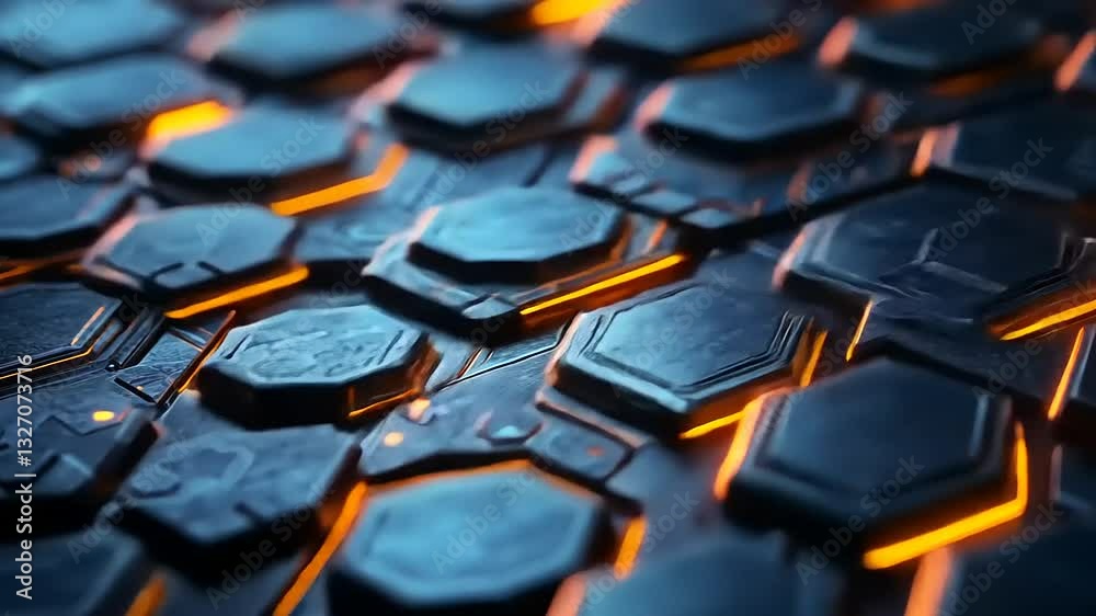 Close-up view of a futuristic hexagonal surface with glowing orange lines, showcasing intricate patterns Close-up view of a futuristic hexagonal surface with glowing orange lines, showcasing intricate patterns