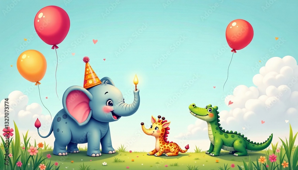 Naklejka premium A cheerful cartoon scene featuring an elephant, giraffe, and crocodile celebrating.