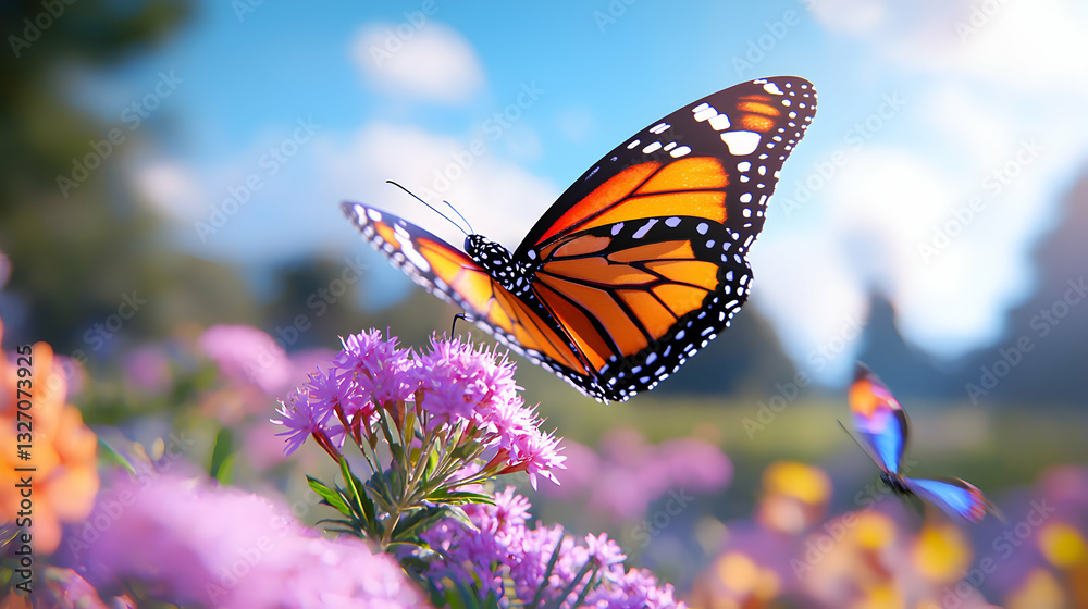 Fototapeta premium Orange Butterfly on Purple Flowers in a Sunny Meadow