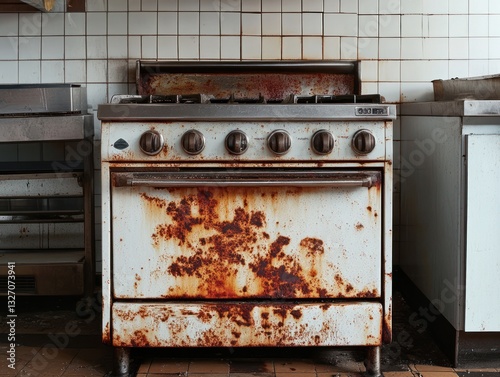 Rusty stove, abandoned kitchen, tile walls, neglect