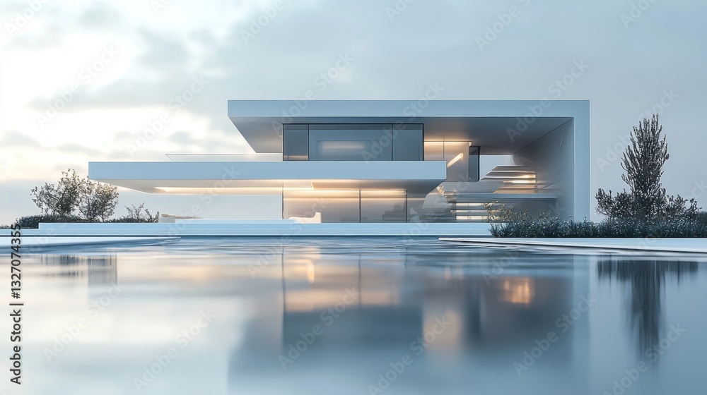 Fototapeta premium Modern Minimalist House Design Reflecting on a Calm Pool
