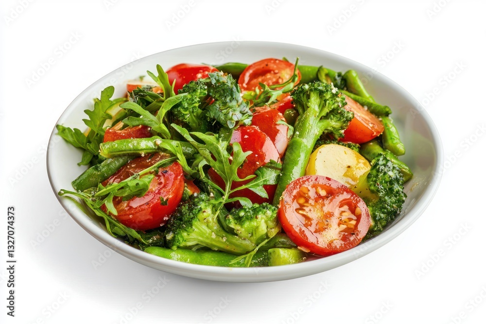 Fresh garden delight with roasted tomatoes green beans broccoli and arugula in a white ceramic bowl Fresh garden delight with roasted tomatoes green beans broccoli and arugula in a white ceramic bowl