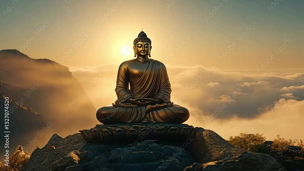 Serene Buddha statue atop mountain, surrounded by clouds and sunlight, embodies tranquility and spirituality in natures breathtaking landscape. Serene Buddha statue atop mountain, surrounded by clouds and sunlight, embodies tranquility and spirituality in natures breathtaking landscape.
