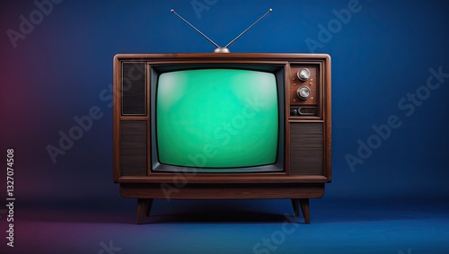 Vintage television set with a green screen, featuring a wooden cabinet and rabbit ear antennas against a gradient backdrop