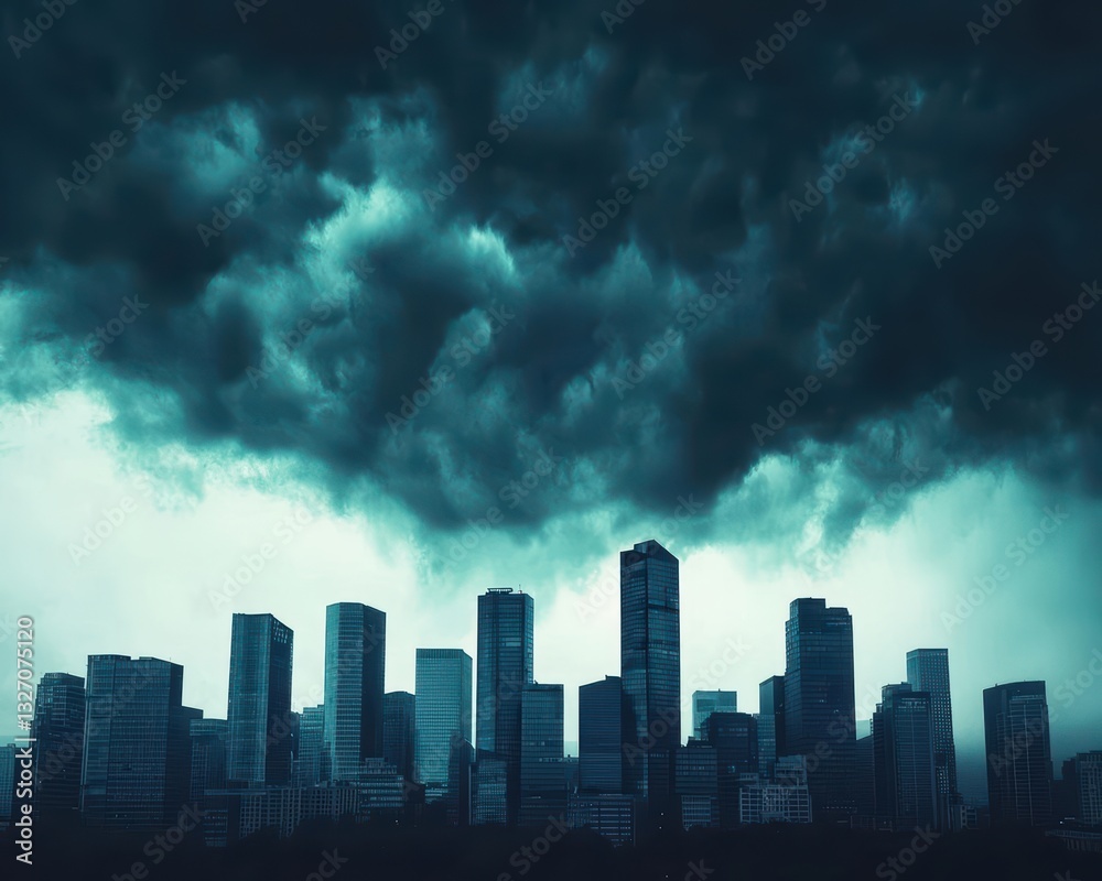 Fototapeta premium Highrise buildings reaching into a stormy night, dramatic lighting and towering presence, powerful urban scene