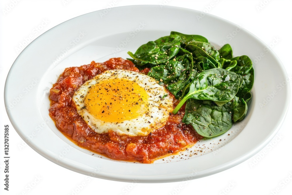 Sunny Side Up Egg nestled in Tomato Sauce with Fresh Spinach on a White Plate Healthy Gourmet Sunny Side Up Egg nestled in Tomato Sauce with Fresh Spinach on a White Plate Healthy Gourmet