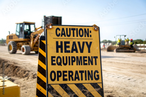 A caution sign warns about heavy equipment operating on a construction site, with machinery visible in the background.