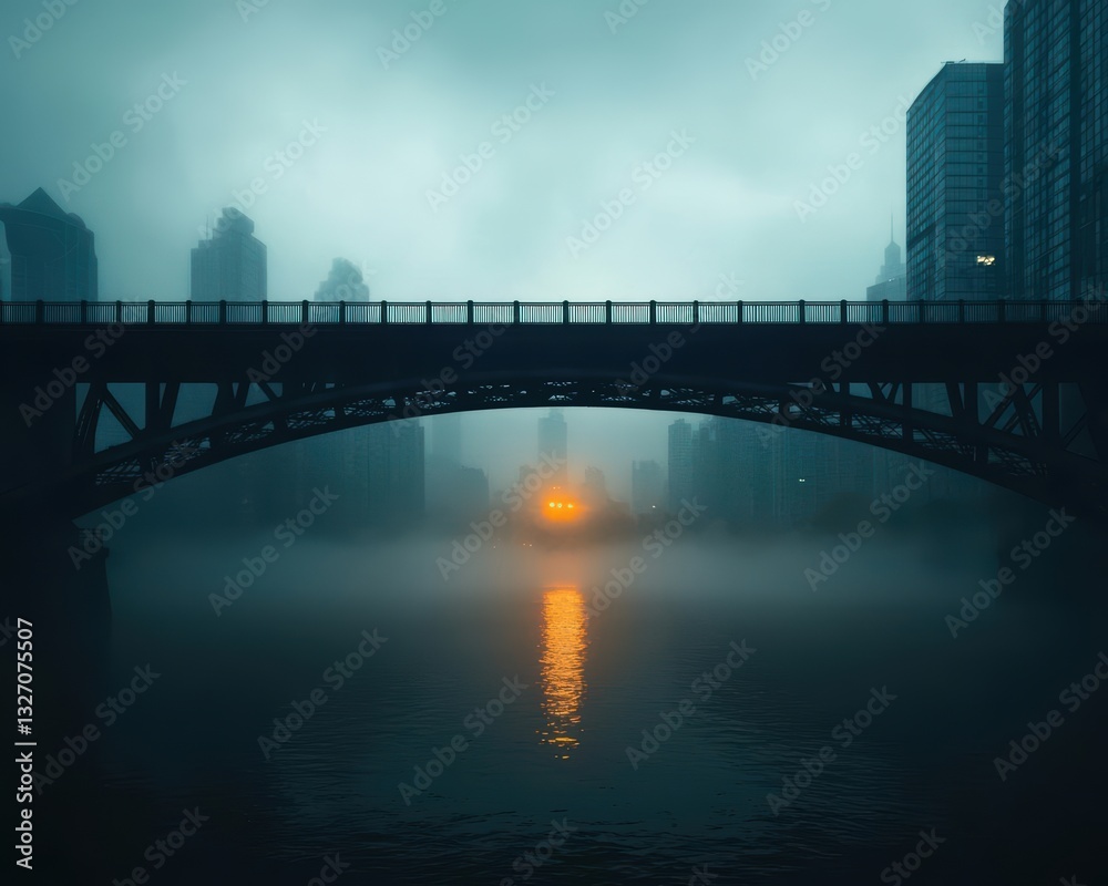 Obraz premium Majestic bridge stretching across a dark river, city skyline glowing in the distance, moody and grand composition