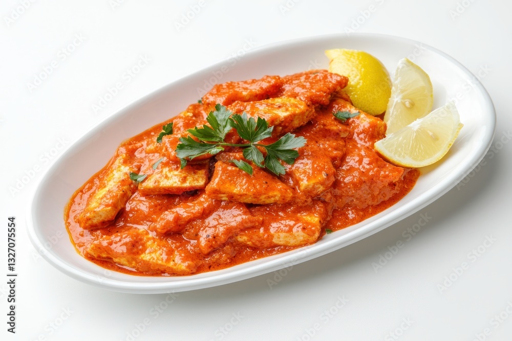 Delicious paneer butter masala in a white dish with lemon garnish and parsley on white background Delicious paneer butter masala in a white dish with lemon garnish and parsley on white background