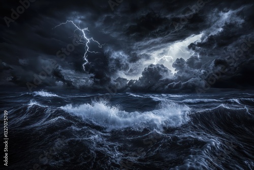 Stormy sea, lightning strikes, dark clouds, dramatic waves, nature backdrop