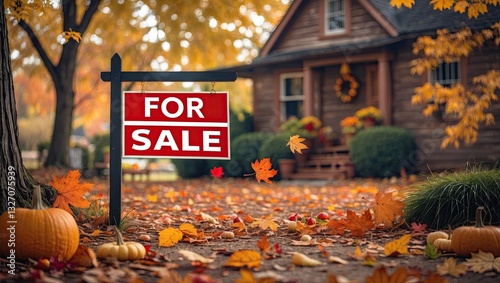 Charming autumn scene featuring a quaint wooden house surrounded by colorful fall foliage and pumpkins with a 'For Sale' sign