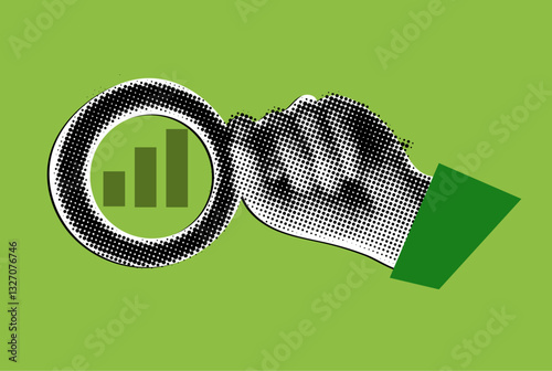 Halftone man's hand holding a magnifying glass with growth chart,business concept,marketing analysis concept for collage design