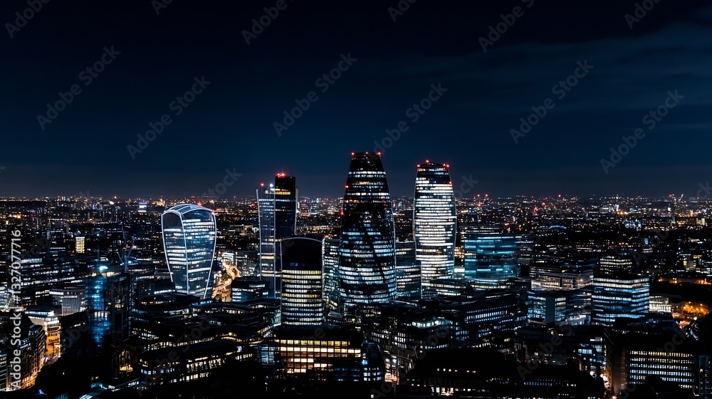 Fototapeta premium Stunning Aerial Night View of a Vibrant Cityscape with Bright Skyscrapers : Generative AI
