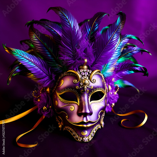 Colorful Mardi Gras Design with Masks, Feathers, and Decorative Details