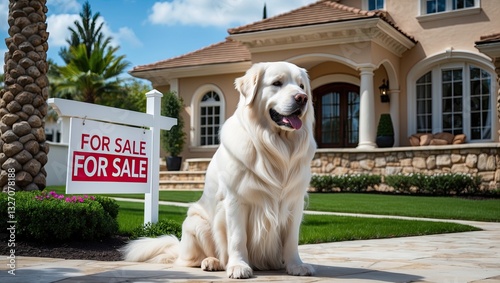 A friendly golden retriever sitting in front of a luxurious house with a 'For Sale' sign, showcasing vibrant greenery and a sunny day