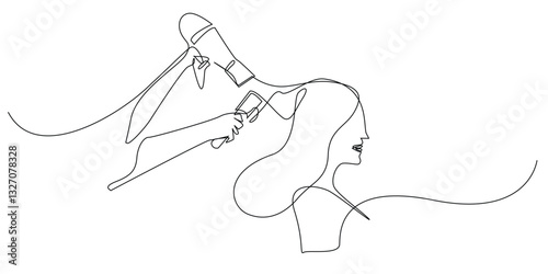one continuous line drawing of a woman's beauty salon.one line drawing of a young woman drying her hair with a hair dryer.single line vector illustration.isolated on white background