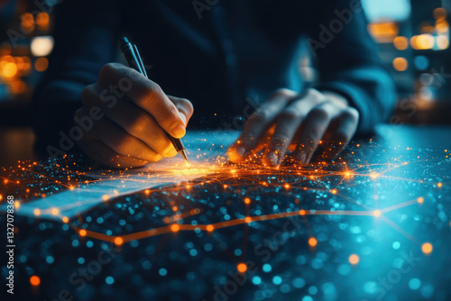 a human hand writing with a pen on paper, but instead of the usual lines, glowing digital networks appear, reminiscent of data flows or artificial intelligence.   