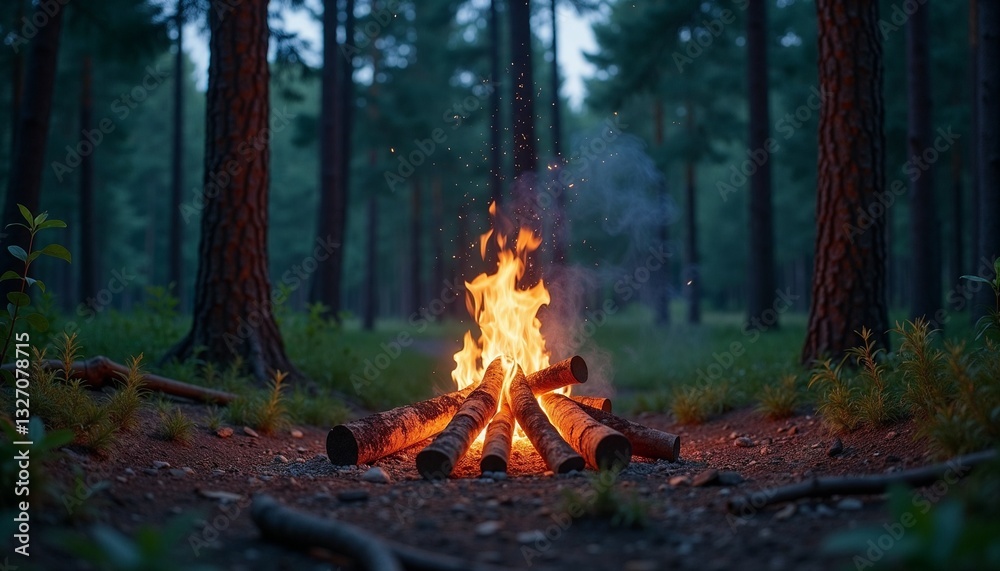 Camping bonfire with glowing flames and smoke surrounded by green pine forest at dusk Camping bonfire with glowing flames and smoke surrounded by green pine forest at dusk