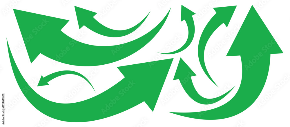Set of curved arrows isolated on white background. Curved arrows, hand drawn curved arrows. Set long Green curve arrow icon vector set. long arrow icon set. curve arrow vector. Green curve arrow set.