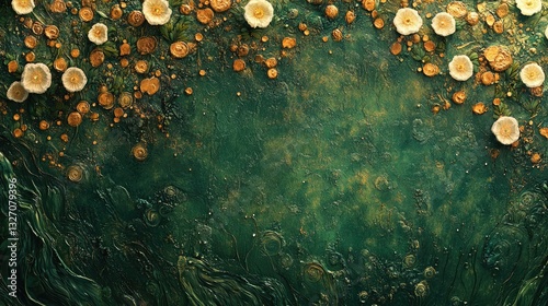 Textured green background with white flowers and gold details photo