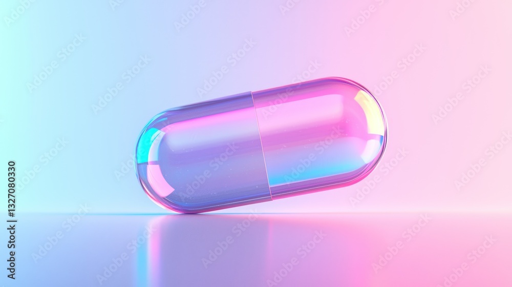 A highly detailed 3D render of a transparent capsule, floating against a gradient background with a soft glow. A highly detailed 3D render of a transparent capsule, floating against a gradient background with a soft glow.
