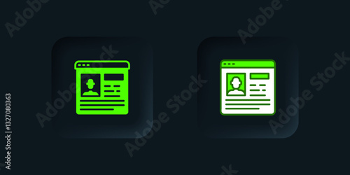 Green Resume icon isolated on black background. CV application. Searching professional staff. Analyzing personnel resume. Black square button. Vector