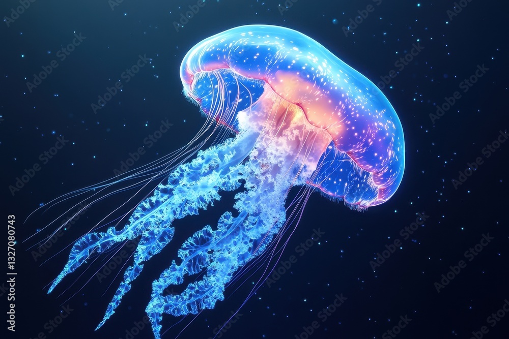 Obraz premium A beautifully illuminated jellyfish floating in a dark underwater scene