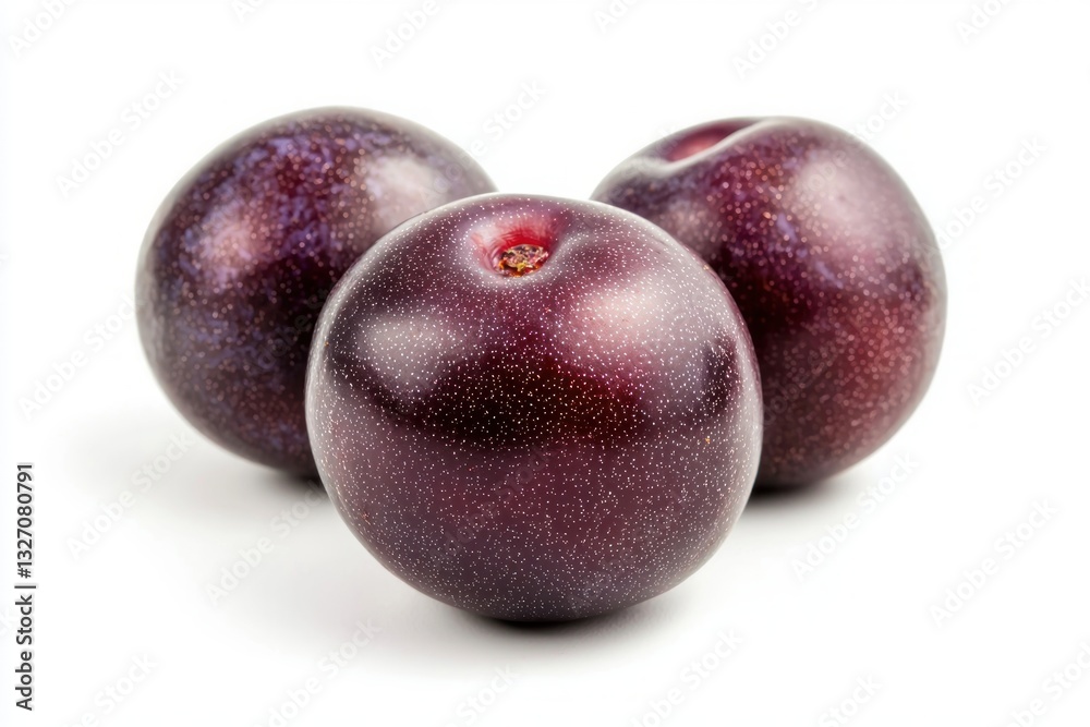 Obraz premium Three fresh and juicy plums resting on a white surface creating a studio shot with a vibrant color and texture