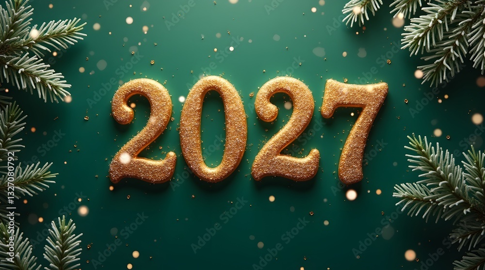 Green background with golden numbers 2027, decorated with a Christmas tree and water drops. Stylish New Year background with numbers 2027. Green background with golden numbers 2027, decorated with a Christmas tree and water drops. Stylish New Year background with numbers 2027.