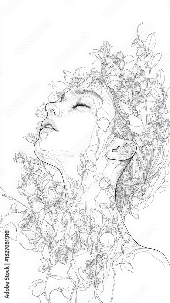 Fototapeta premium Woman Surrounded By Blossoming Flowers In Line Art