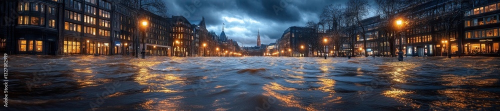 Obraz premium Flooded City Streets with High Waters Surrounding Buildings and Streetlights. Generative AI