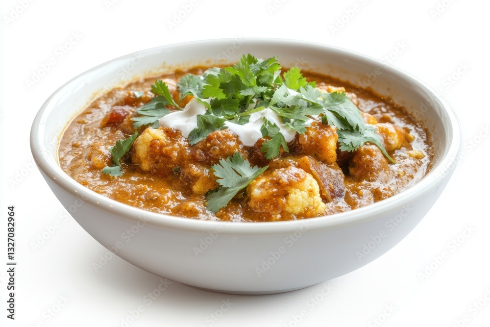 Delicious cauliflower curry in white bowl topped with cilantro and yogurt flavorful gourmet indian cuisine studio shot Delicious cauliflower curry in white bowl topped with cilantro and yogurt flavorful gourmet indian cuisine studio shot