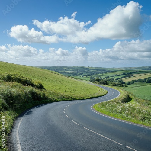 Scenic winding road through lush green hills under a blue sky with fluffy white clouds in countryside landscape