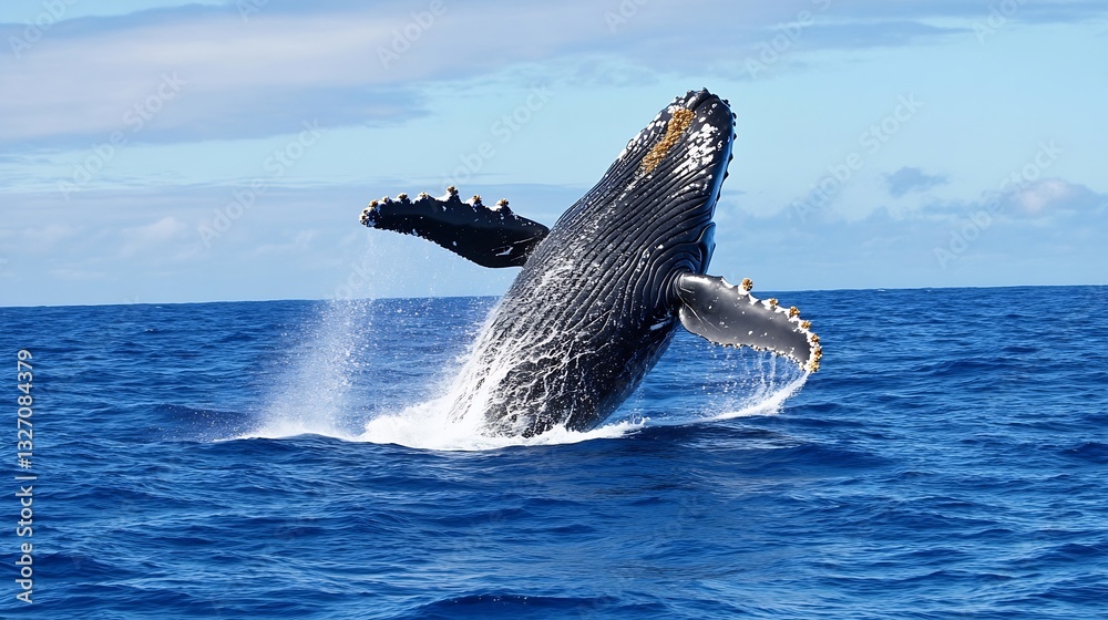 Fototapeta premium Majestic humpback whale breaching the ocean surface showcasing its power and grace : Generative AI