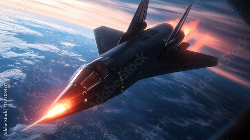 A futuristic spaceplane re-entering Earth atmosphere, its heat shield glowing red-hot as it descends at high velocity toward a modern spaceport