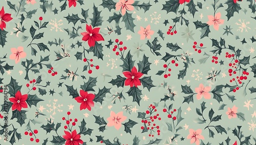 A light green Christmas floral pattern with red and dark-green accents, including holly leaves, flowers, snowflakes, stars, and mistletoe elements in a repeating design on an isolated background
