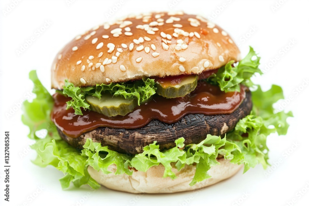 Close Up of a Delicious Portobello Mushroom Burger on White with Lettuce Pickles and Sauce for a Culinary Stock Photo Close Up of a Delicious Portobello Mushroom Burger on White with Lettuce Pickles and Sauce for a Culinary Stock Photo
