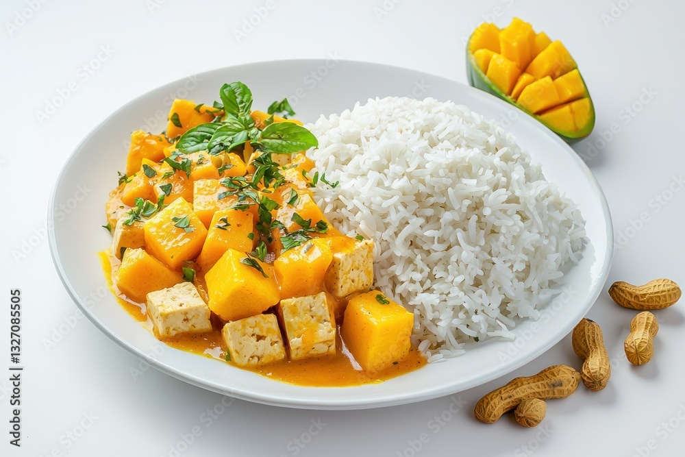 Delicious Thai Mango Curry with Fresh Basil and Tofu Cubes Served alongside Basmati Rice and Peanuts Delicious Thai Mango Curry with Fresh Basil and Tofu Cubes Served alongside Basmati Rice and Peanuts