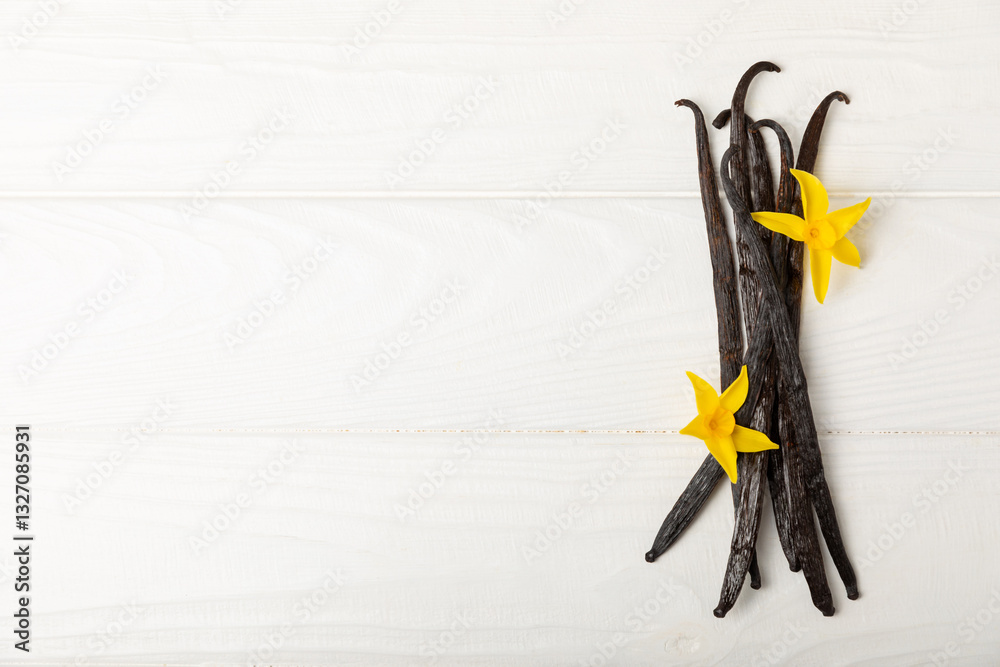Vanilla pods on a textured background. Vanilla flowers and seeds. vanilla stick bean. Aromatic spicy spice for pastries and desserts. Seasoning. Space for text. Copy Space Vanilla pods on a textured background. Vanilla flowers and seeds. vanilla stick bean. Aromatic spicy spice for pastries and desserts. Seasoning. Space for text. Copy Space