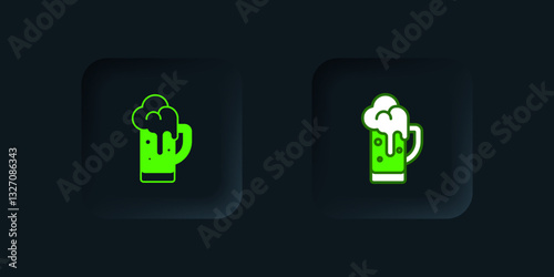 Green Glass of beer icon isolated on black background. Black square button. Vector