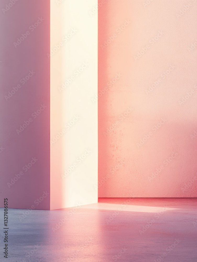 Minimalist interior space with soft pink walls and sunlight creating a serene and modern architectural scene Minimalist interior space with soft pink walls and sunlight creating a serene and modern architectural scene