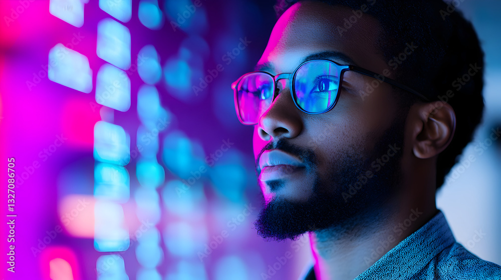 Tech enthusiast analyzing digital innovations in futuristic environment