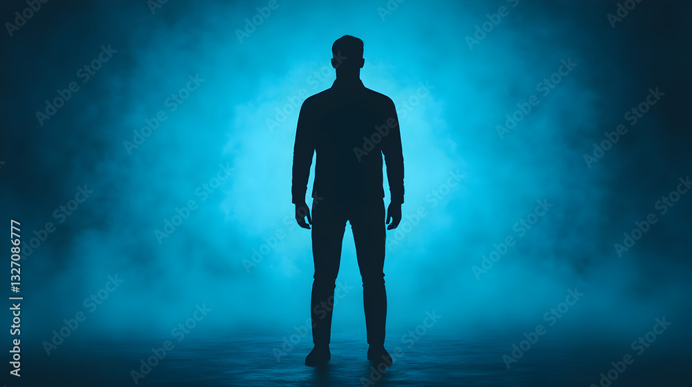 Silhouette of a man in blue light dramatic atmosphere photography studio creative concept
