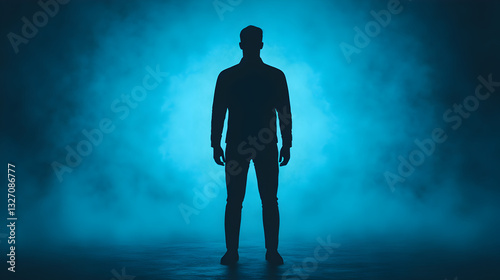 Obraz na płótnie Silhouette of a man in blue light dramatic atmosphere photography studio creative concept w salonie