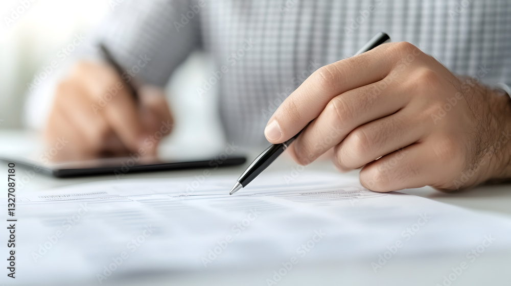 Close-up perspective on professional writing process in office business workspace Close-up perspective on professional writing process in office business workspace