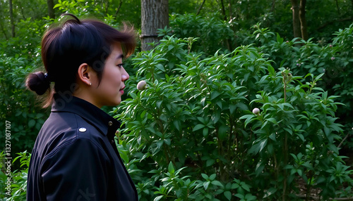 A Young Woman In A Dark Jacket Contemplates Natures Quiet Beauty Amidst A Lush Green Forest, Soft Dappled Light Highlighting Her Thoughtful Expression