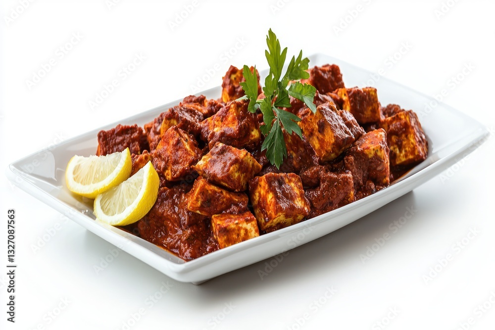 Appetizing paneer tikka masala with lemon garnish on a white tray flavorful and aromatic culinary experience in elegant dining style Appetizing paneer tikka masala with lemon garnish on a white tray flavorful and aromatic culinary experience in elegant dining style