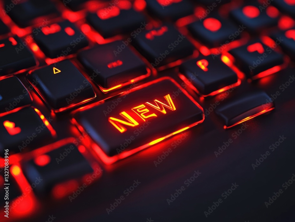 A close-up shot of a keyboard with a bright, glowing new button A close-up shot of a keyboard with a bright, glowing new button